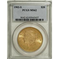 1902-S $20 MS62 PCGS. The shining orange-gold surfaces