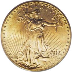 1911-D $20 MS66 PCGS. Glowing luster radiates from pea