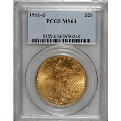 1911-S $20 MS64 PCGS. Bright satiny luster gives the m