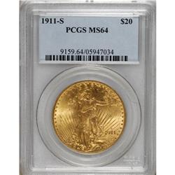 1911-S $20 MS64 PCGS. Frosty and bright, with yellow-g