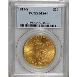 1911-S $20 MS64 PCGS. Well struck and lustrous, with t