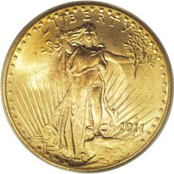 1911-S $20 MS65 PCGS. Soft mint frost radiates from th