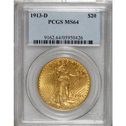 1913-D $20 MS64 PCGS. Lustrous and boldly struck, with