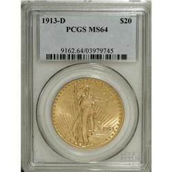 1913-D $20 MS64 PCGS. Peach toning dominates the cente