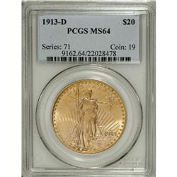 1913-D $20 MS64 PCGS. Solidly struck with intense sati