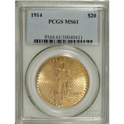 1914 $20 MS61 PCGS. The green-gold and peach surfaces