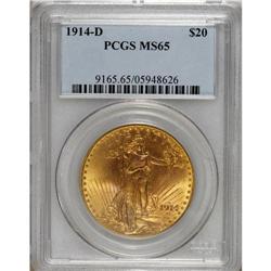 1914-D $20 MS65 PCGS. Deep peach and lilac toning endo