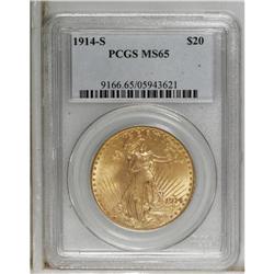 1914-S $20 MS65 PCGS. Well struck with shimmering lust