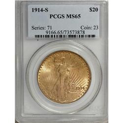 1914-S $20 MS65 PCGS. This sharply struck and thorough