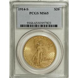 1914-S $20 MS65 PCGS. Light peach-gold toning graces t