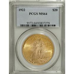 1922 $20 MS64 PCGS. A canary-gold Choice type coin wit