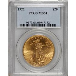 1922 $20 MS64 PCGS. Well struck with only slight weakn