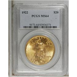 1922 $20 MS64 PCGS. This flashy lemon-gold near-Gem ex