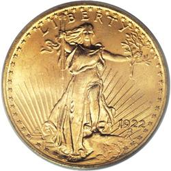 1922 $20 MS65 PCGS. This orange-red Gem provides poten