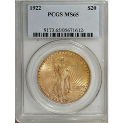 1922 $20 MS65 PCGS. This smooth and lustrous lemon-tin