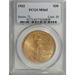 1922 $20 MS65 PCGS. A lustrous honey-gold Gem with ple