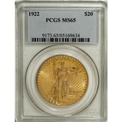1922 $20 MS65 PCGS. Boldly struck with bright satiny l