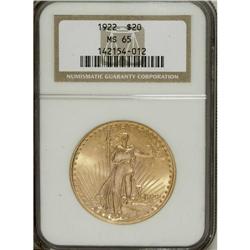 1922 $20 MS65 NGC. A bright straw-gold Gem that exhibi