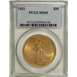 1922 $20 MS65 PCGS. A highly lustrous orange-gold repr