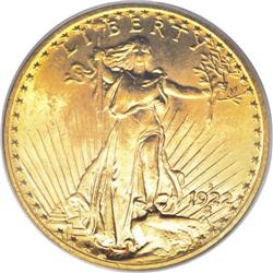 1922-S $20 MS64 PCGS. A flashy peach-gold beauty that