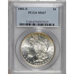1881-S S$1 MS67 PCGS. Iridescent ice-blue and honey to