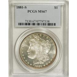 1881-S S$1 MS67 PCGS. A band of cherry-red toning endo