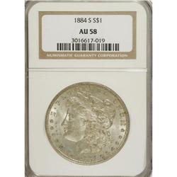 1884-S S$1 AU58 NGC. Considerable luster occurs on sil