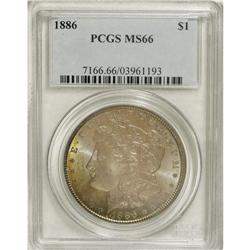 1886 S$1 MS66 PCGS. Lavender patina dominates, but the