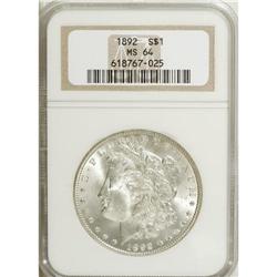 1892 S$1 MS64 NGC. Great luster emanates from untoned