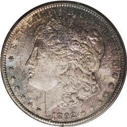 1892-CC S$1 MS65 PCGS. A mixture of deep gray, rose, a
