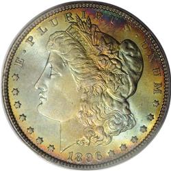 1896 S$1 MS66 PCGS. Ocean-blue, gold, ruby-red, and ap
