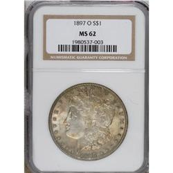 1897-O S$1 MS62 NGC. Dusky golden-brown, pearl-gray, a