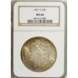 1901-O $1 MS66 NGC. Iridescent multicolored toning ado