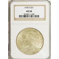 1934-S S$1 AU58 NGC. Dusky olive and pink-gold toning