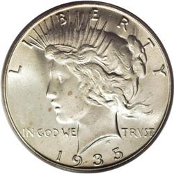 1935-S S$1 MS66 PCGS. Three rays below ONE. Light tan-