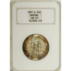 1937-D 50C Oregon MS67 NGC. Beautiful magenta, amber-g
