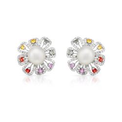 Natural 25.5 CTW Pearl & Diamond Earrings 14K White Gold - REF-314N3Y