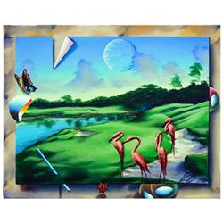 Ferjo, "Resting Flamingos" Original Painting on Canvas, Hand Signed with Letter of Authenticity.