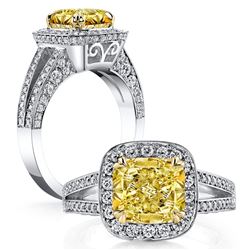 Natural 3.27 CTW Halo Canary Light Yellow Cushion Cut Diamond Ring 18KT Two-tone