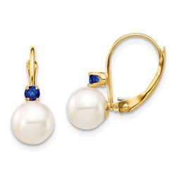 14k Yellow Au White Pearl Sapphire Leverback Earrings - 7-7.5 mm
