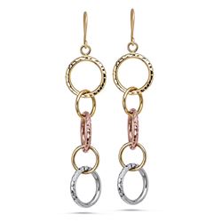 14k Gold Tri-Color Diamond Cut Circle Dangle Earrings