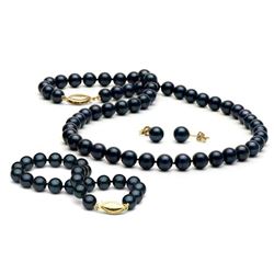 Black Akoya Pearl 3-Piece Jewelry Set, 6.5-7.0mm