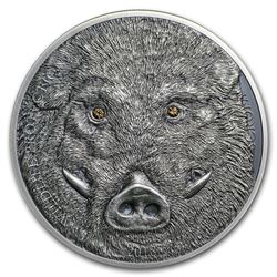 2018 Mongolia 1 oz Antique Silver Wildlife Protection Wild Boar