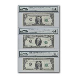 1963-1969 Trio of FRN Notes Unc 64-66 PMG (Same Serial Numbers)
