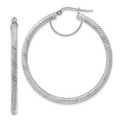 10k White Gold Twisted Round Omega Back Hoop Earrings - 3x35 mm