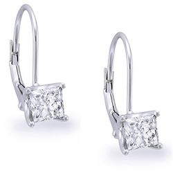 Natural 0.72 CTW Lever Back Princess Cut Diamond Earrings 18KT White Gold