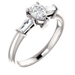 Natural 1.02 CTW Pear Cut & Baguette 3-Stone Diamond Ring 18KT White Gold