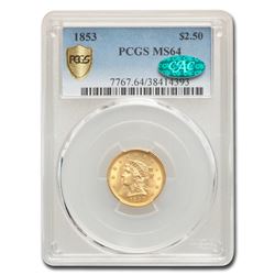 1853 $2.50 Liberty Gold Quarter Eagle MS-64 PCGS CAC