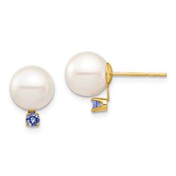 14k Yellow Gold White Pearl Tanzanite Post Earrings - 8-8.5 mm