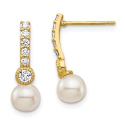 14k Yellow Gold White Pearl Cubic Zirconia Earrings - 6 mm